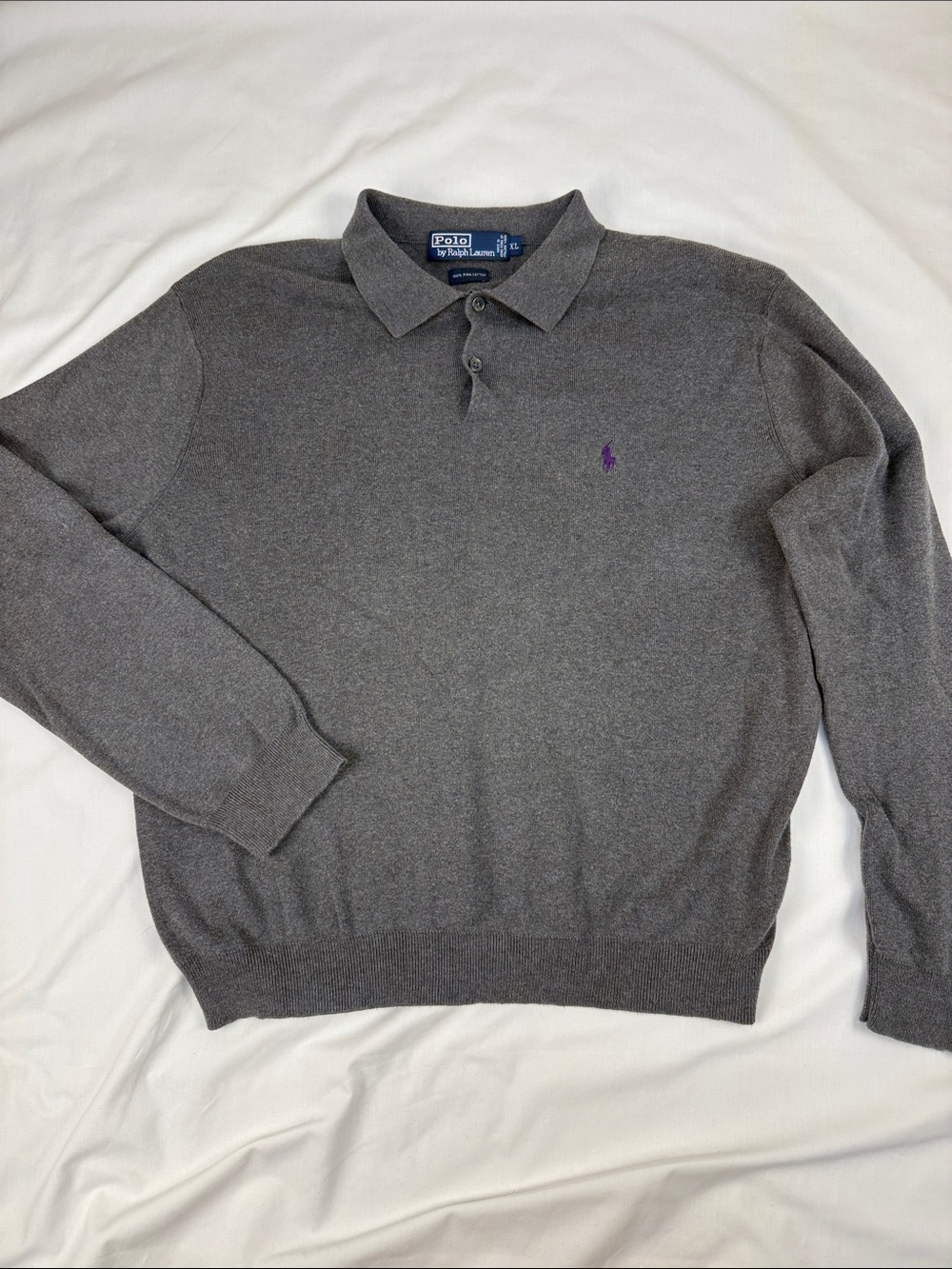 Polo by Ralph Lauren Men’s Gray Long Sleeve Polo with Purple Pony Sz XXL